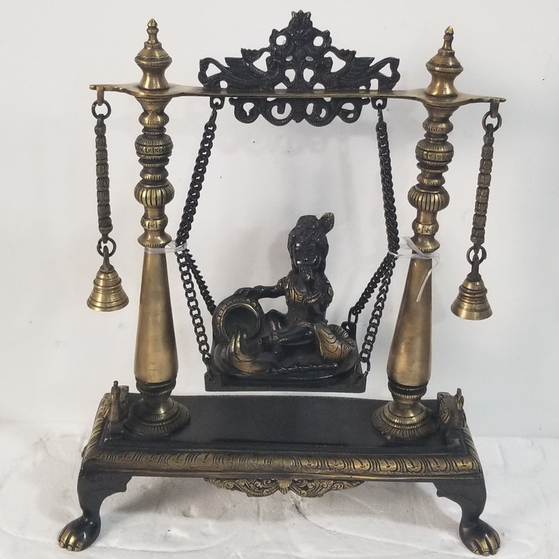 16"H x 13.5"W x 5.5"D - Handcrafted Brass Krishna on Swing/Jhoola