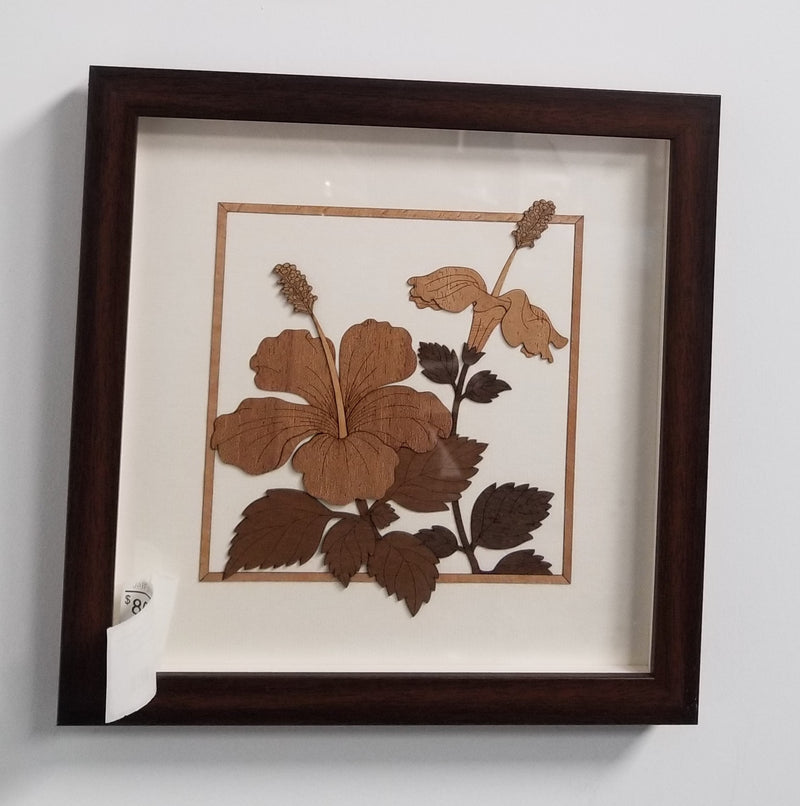 Wooden Marquetry - 10" x 10" - Jaswand - Hibiscus
